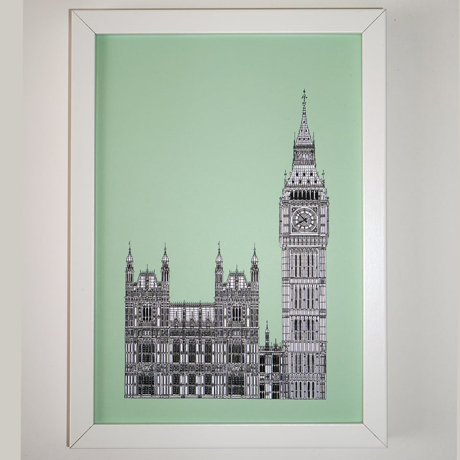 Big Ben Print in mint green, London Picture, British Art, Architectural Picture