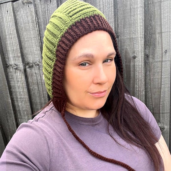 Handmade Crochet Bonnet - Woodland Green & Brown Ribbed Bonnet with Ties 