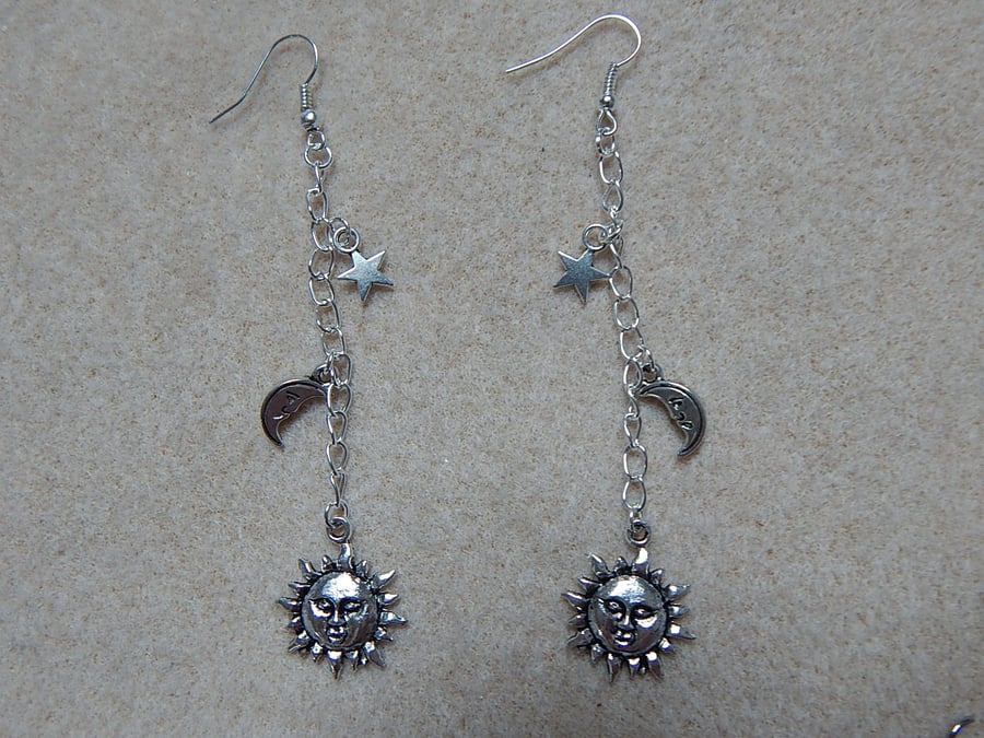 Sun, Moon & Star Silver Plated Earrings