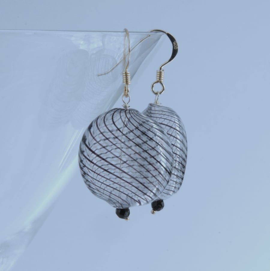 Large blown glass and silver earrings (fine black and white lines)