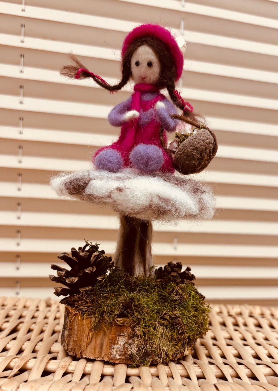 Needle felted flower girl and toadstool