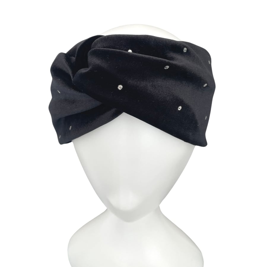 Black Silver Studded Elegant Velvet Turban Twist Headband Head Wrap for Women