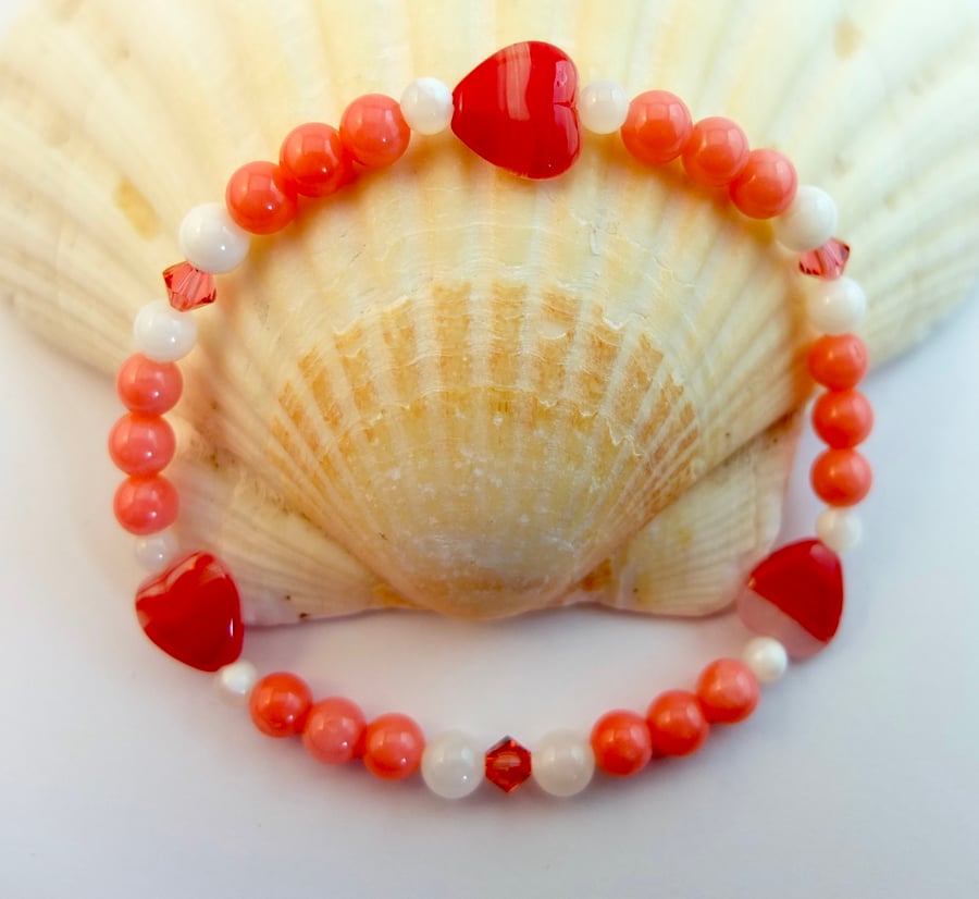 Red Heart, Pink Coral , Shell & Swarovski Crystal Bracelet - Seconds Sunday.