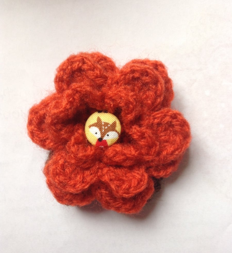 Crochet Flower Brooch in Burnt Orange with a Foxy Button