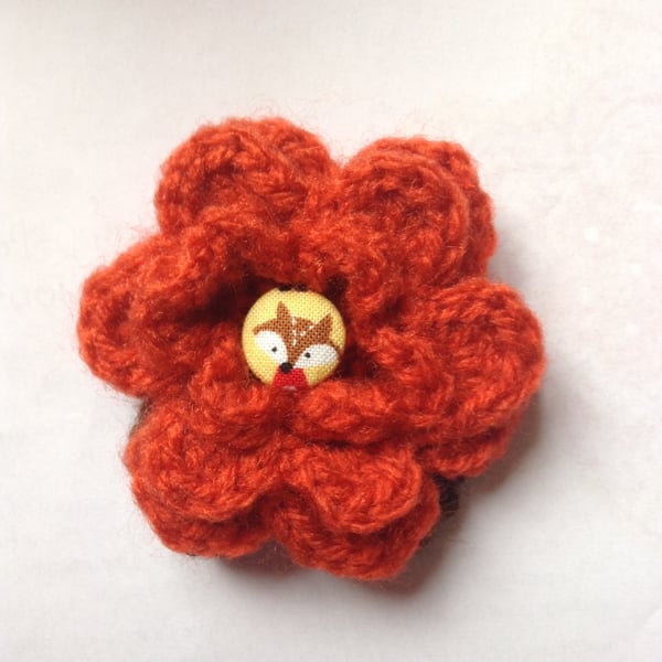 Crochet Flower Brooch in Burnt Orange with a Foxy Button