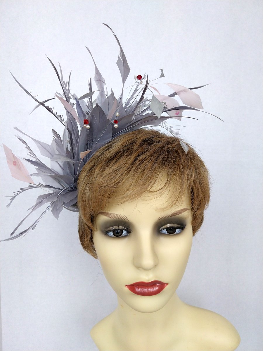 Grace Feather fascinator in grey and pale pink with beading