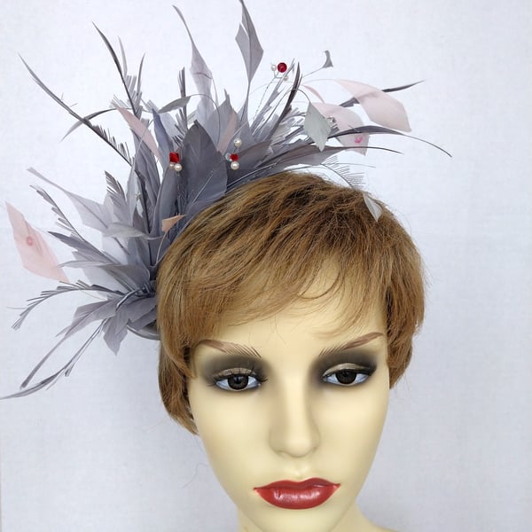 Grace Feather fascinator in grey and pale pink with beading