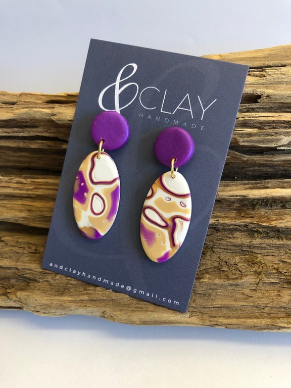 Ova Purple, Gold and White  Mokume Gane Polymer Clay Earrings