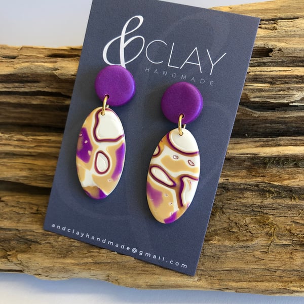Ova Purple, Gold and White  Mokume Gane Polymer Clay Earrings