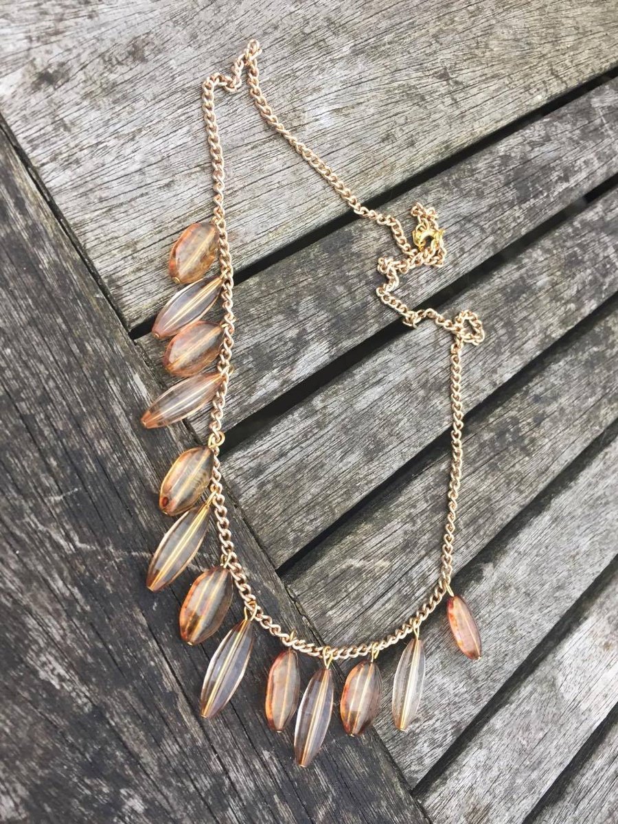 Hazel brown and champagne glass and plastic beads gold necklace