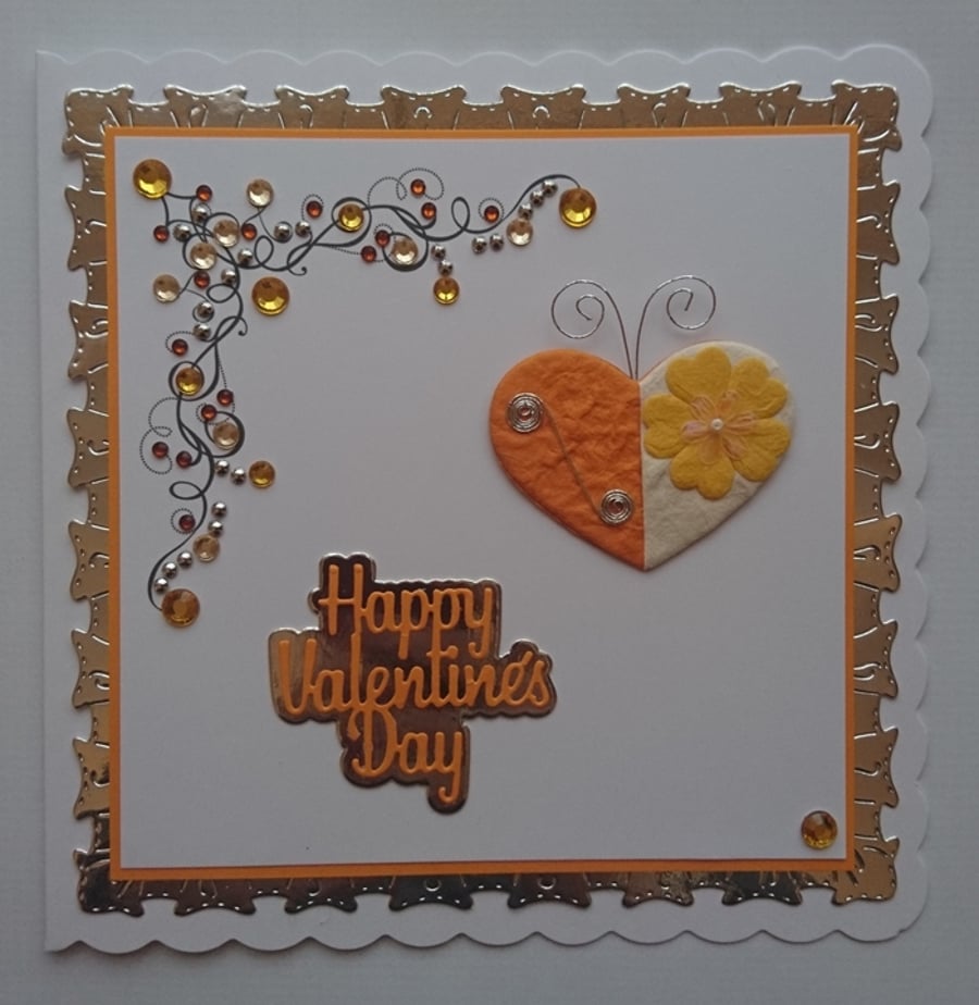 Valentine's Day Card Yellow Orange Butterfly Love Heart 3D Luxury Handmade 