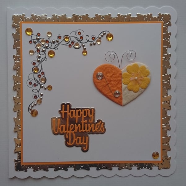 Valentine's Day Card Yellow Orange Butterfly Love Heart 3D Luxury Handmade 