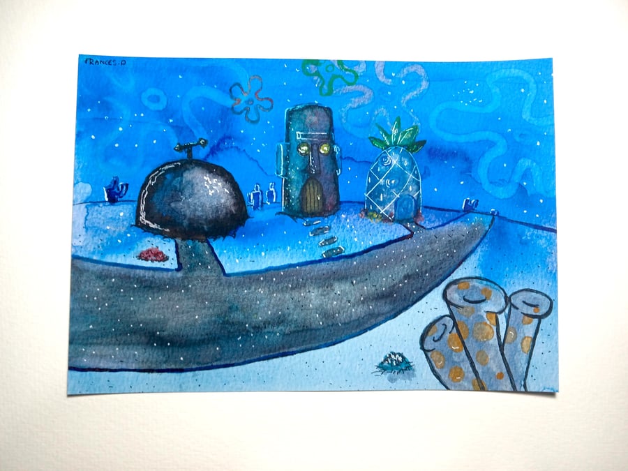 Spongebob Nighttime Watercolour print A5