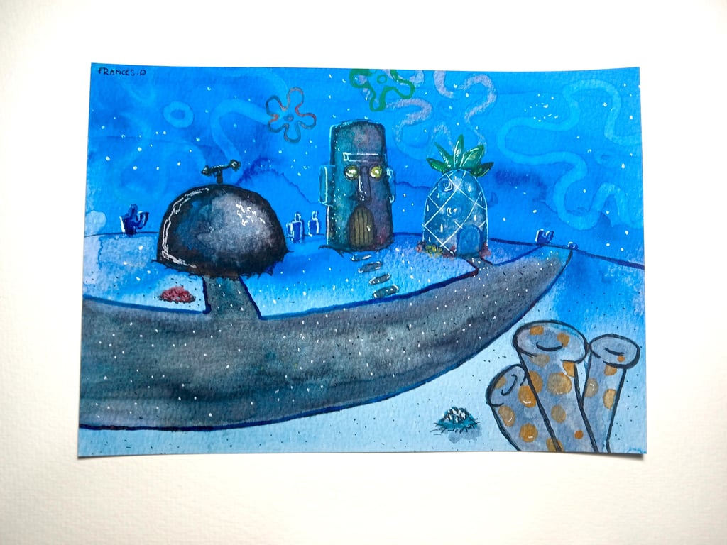 Spongebob Nighttime Watercolour print A5