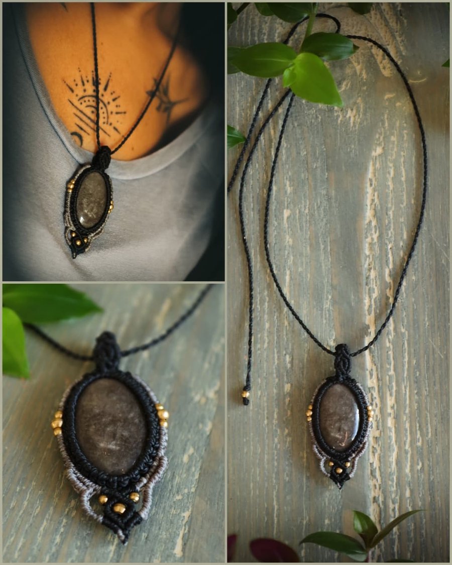 Silver sheen obsidian macrame necklace in grey and black 