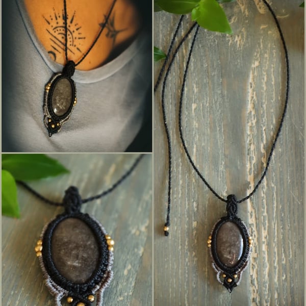 Silver sheen obsidian macrame necklace in grey and black 