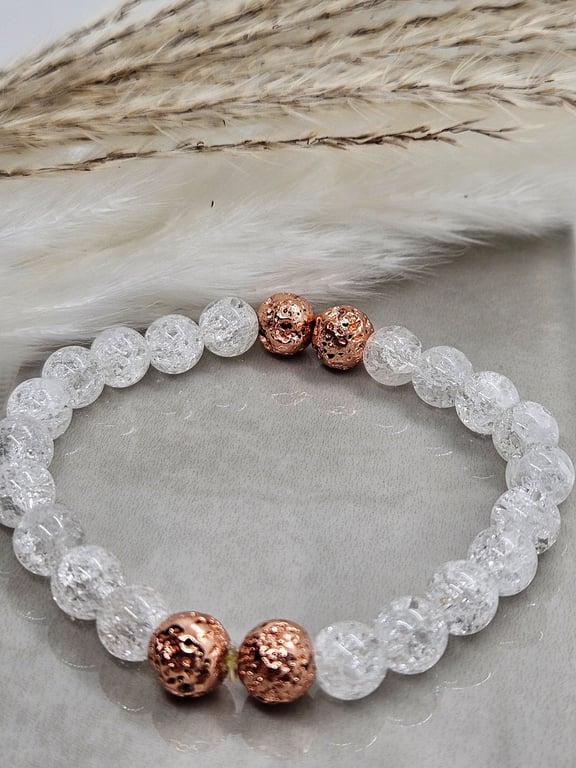 Crackle quartz crystal and rose gold lava stretch bracelet