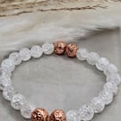 Crackle quartz crystal and rose gold lava stretch bracelet
