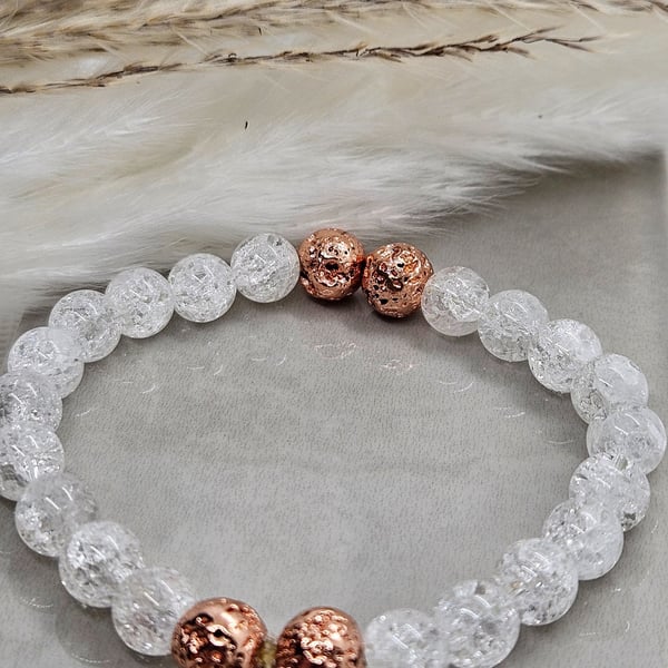 Crackle quartz crystal and rose gold lava stretch bracelet