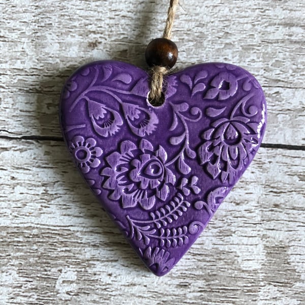 Handmade hanging heart decoration, ceramic, clay love heart, purple 