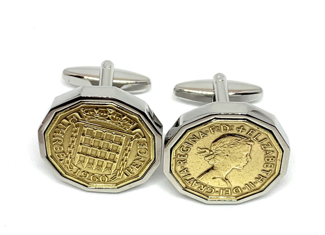 1960 Threepence 3d 65th birthday Cufflinks, Original 1960 threepence coin SLV