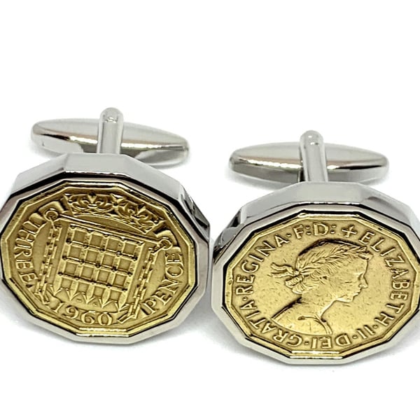 1960 Threepence 3d 65th birthday Cufflinks, Original 1960 threepence coin SLV