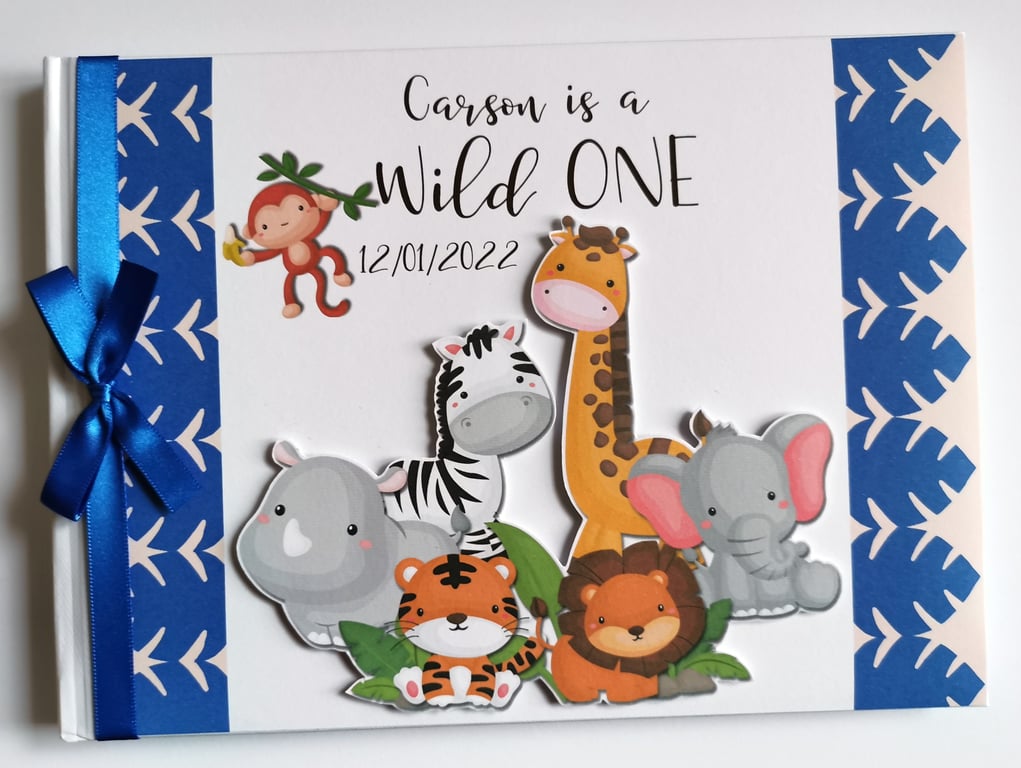 Safari birthday guest book, Wild one birthday book, blue safari birthday gift