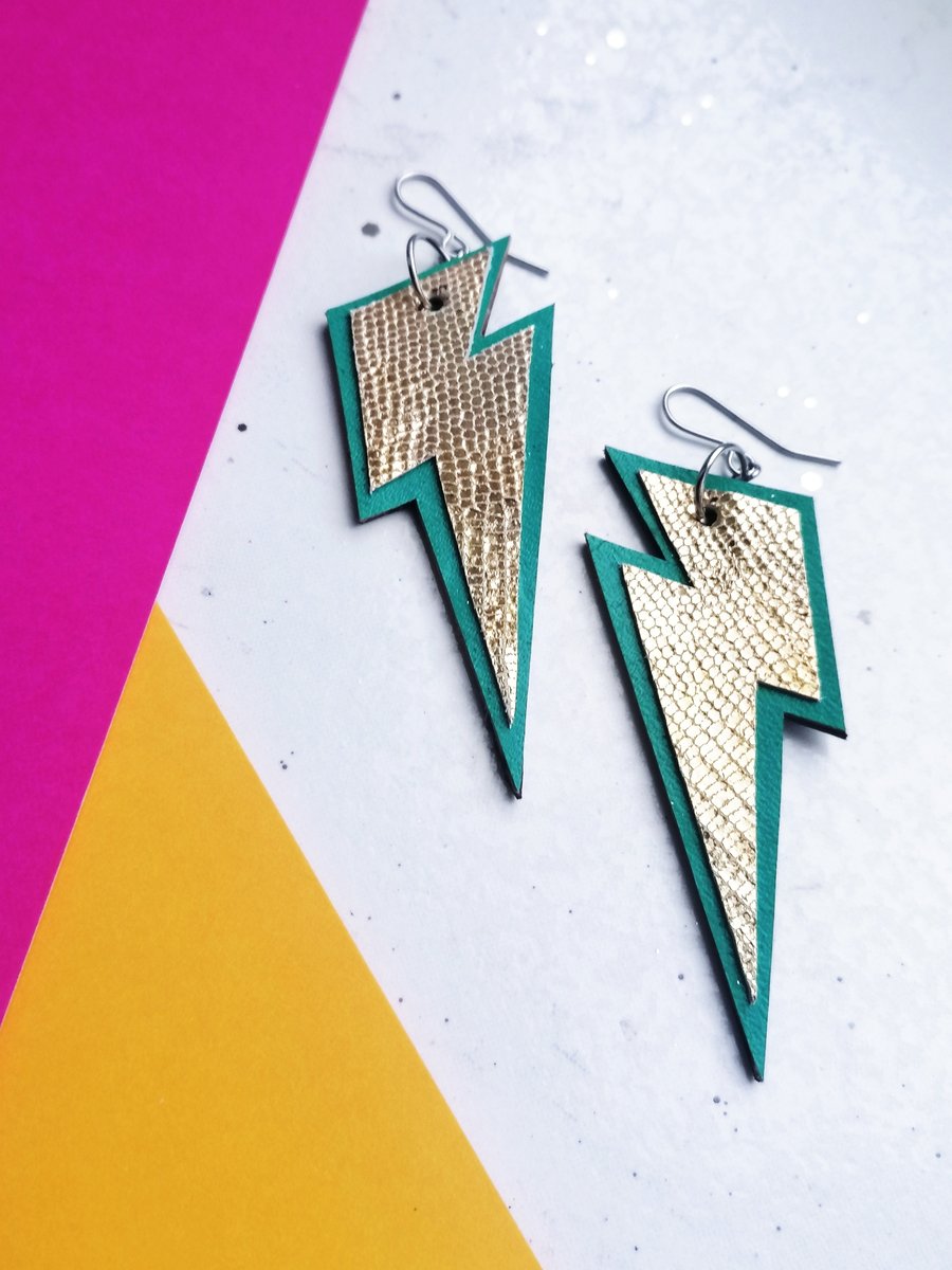 Teal & Gold Lightning Bolt Earrings - Repurposed Leather