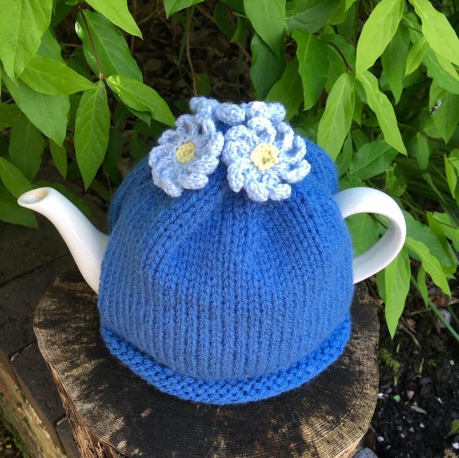 Blue Tea Cosy With Crochet Blue Flowers