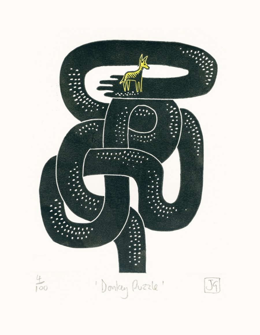 Donkey Puzzle A5 two-colour linocut print