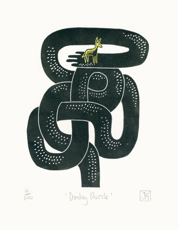 Donkey Puzzle A5 two-colour linocut print