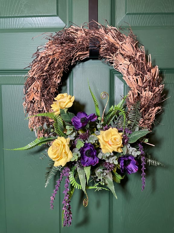 Spring Summer Wreath for Front Door UK, Yellow Rose & Purple Flower Wreath, Ru
