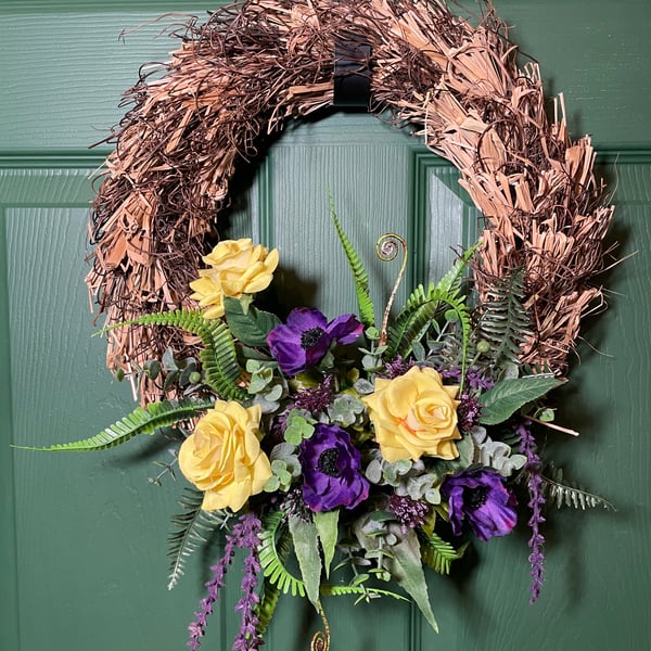 Spring Summer Wreath for Front Door UK, Yellow Rose & Purple Flower Wreath, Ru