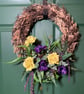 Spring Summer Wreath for Front Door UK, Yellow Rose & Purple Flower Wreath, Ru