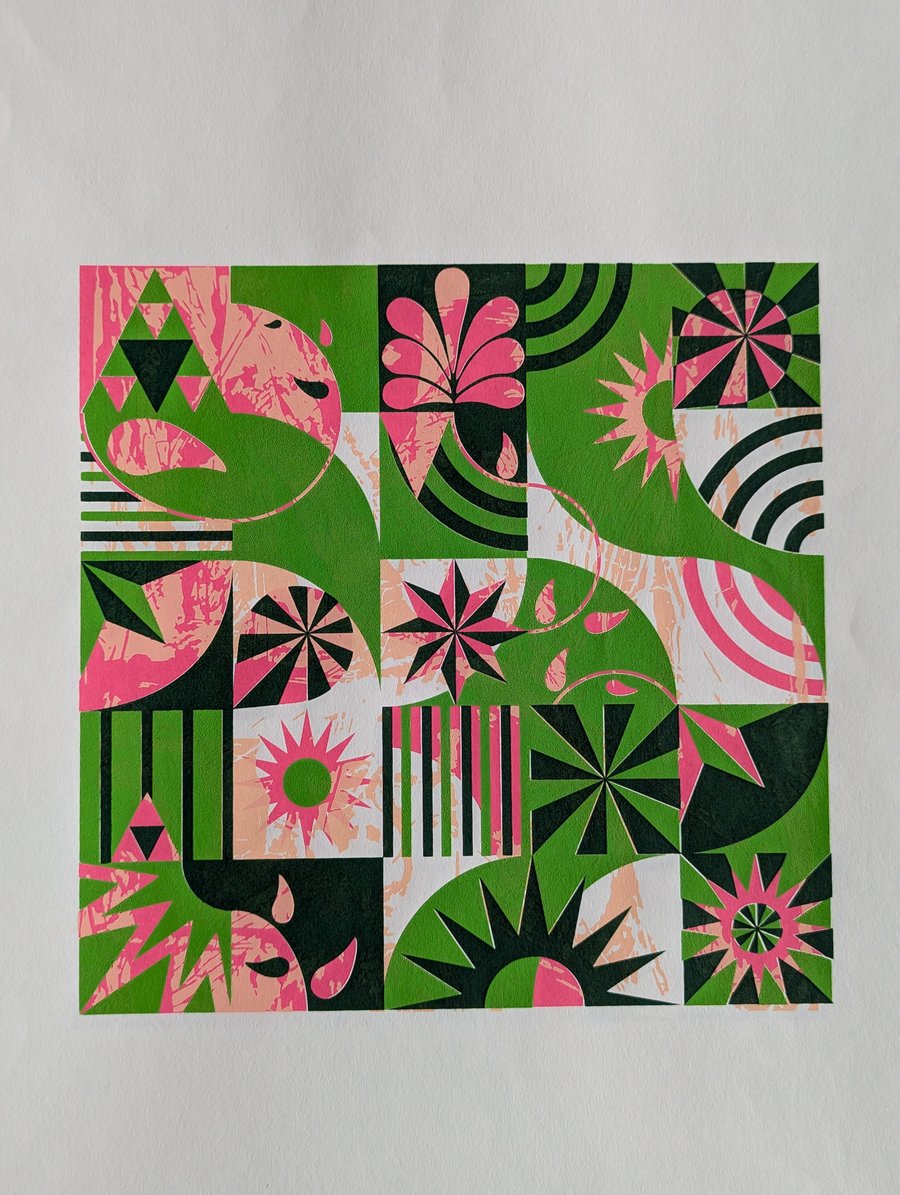 Screenprint inspired by a traditional quilt. Geometric and organic forms