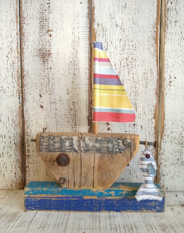 Handmade Reclaimed Wood Sailboat Decor, Rustic Nautical Ornament