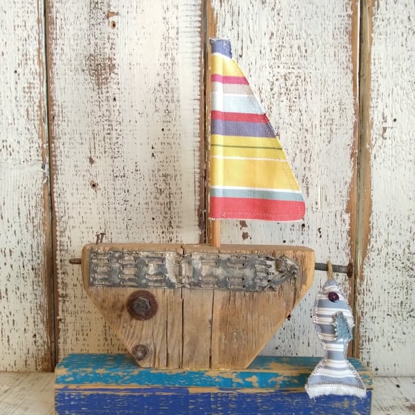 Handmade Reclaimed Wood Sailboat Decor, Rustic Nautical Ornament