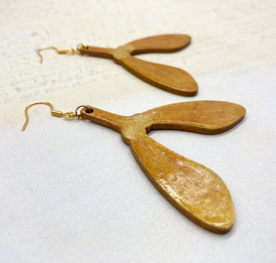 Sycamore seeds golden brown wooden statement dangle earrings gifts for her