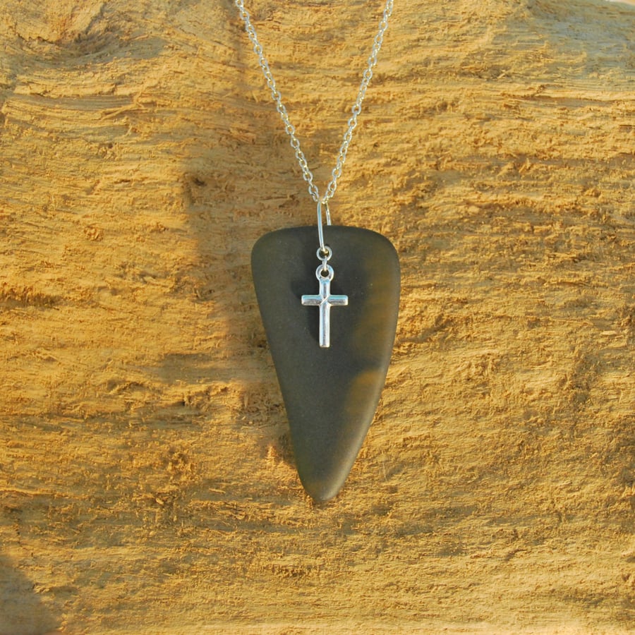 Sea glass pendant with silver cross