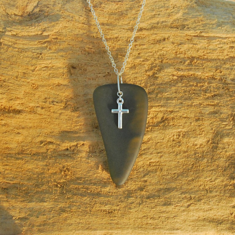 Sea glass pendant with silver cross