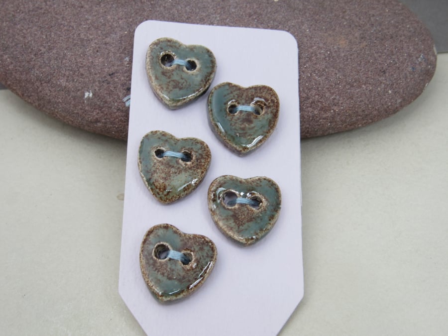 5 Small Heart Shaped Sedge Green Ceramic Buttons