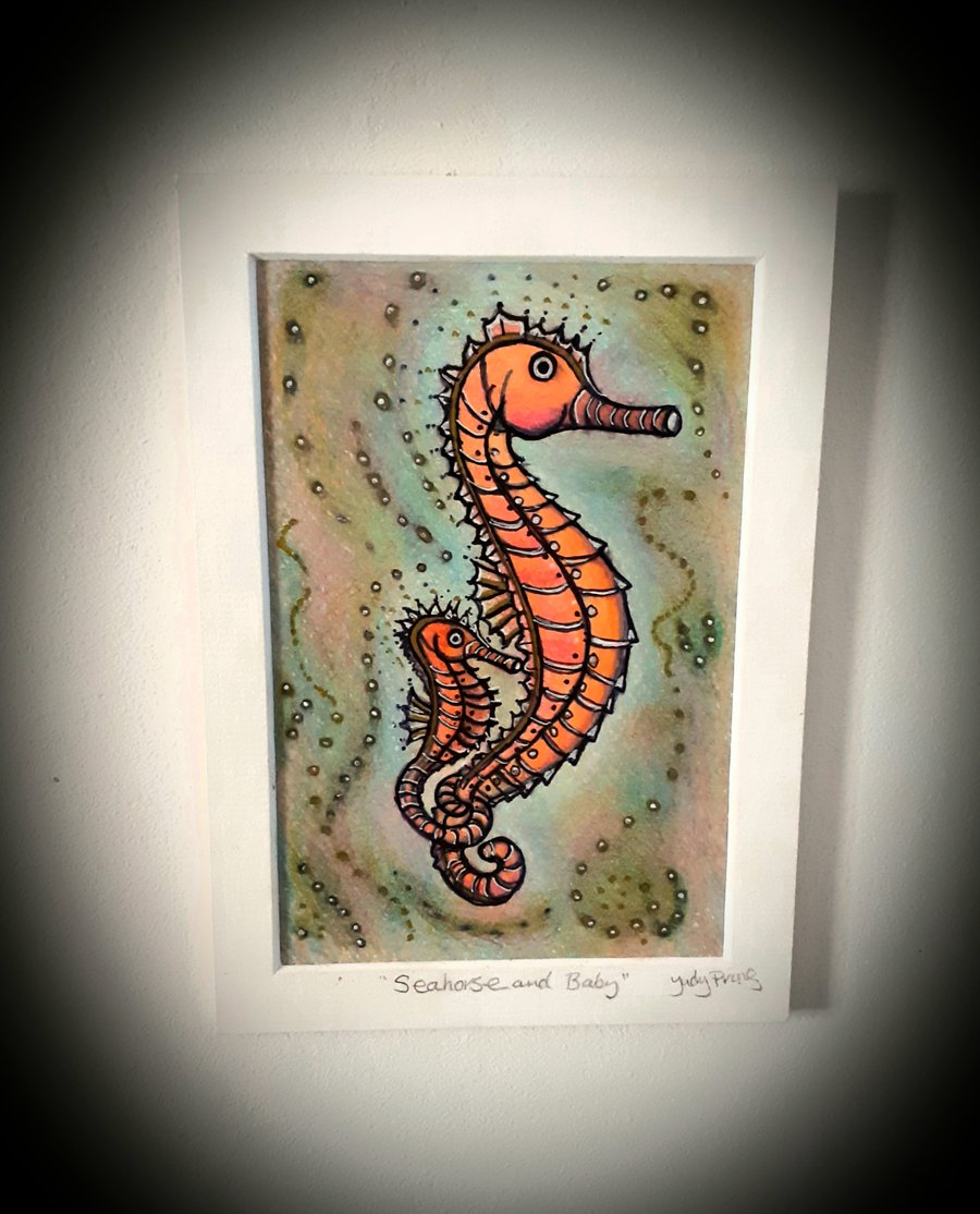 "Seahorse and baby "  mounted coloured drawing 