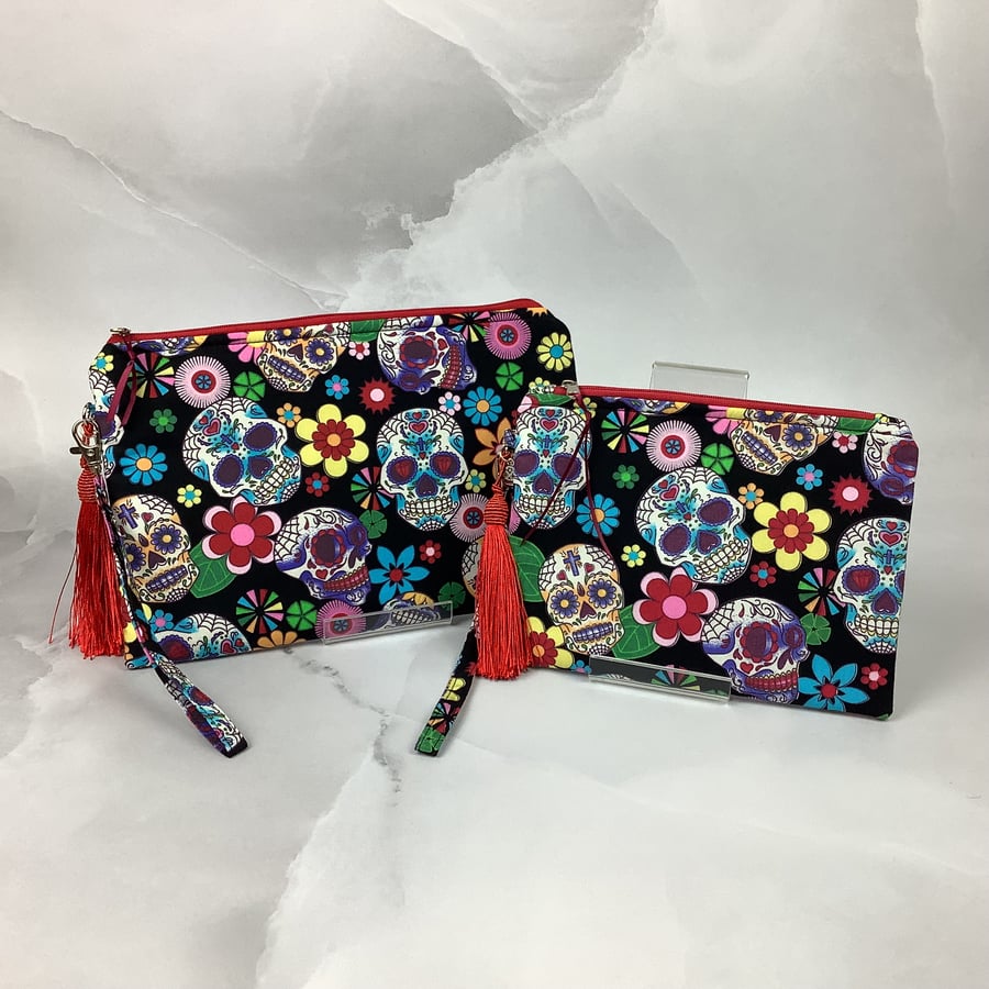 Handmade candy skulls zip clutch bag wrist strap silky tassel and charm 2 sizes