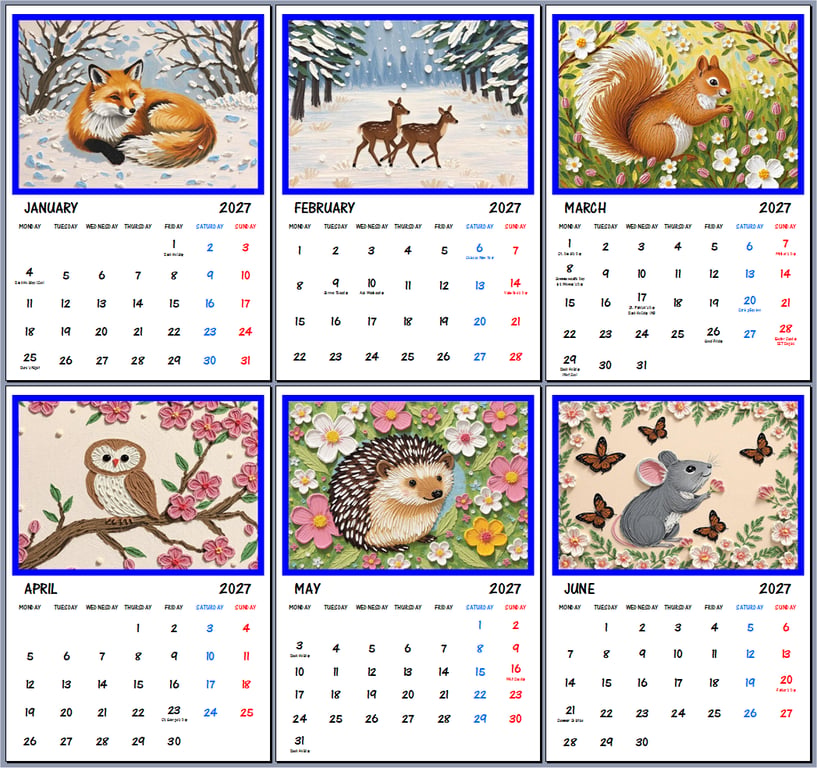 2027 Calendar Norfolk Woodlands A4 Page Per Month 