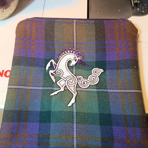 Isle of Skye tartan accessories case with embroidered unicorn