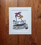 Quit Yer Shenanigans - original handmade linocut bird art print. Funny Quote. Un