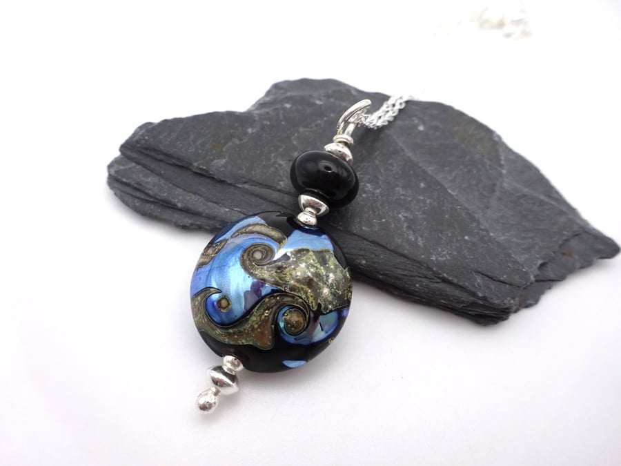 black and silver lampwork glass pendant necklace
