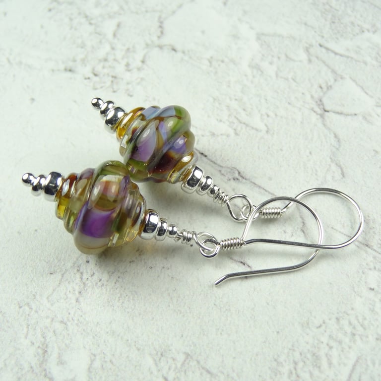 Green purple lampwork glass drop earrings, sterling silver, handcrafted (LH12)
