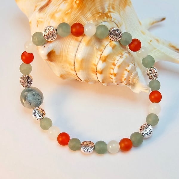 Green Aventurine, Carnelian and New Jade Men's Bracelet - Handmade In Devon.