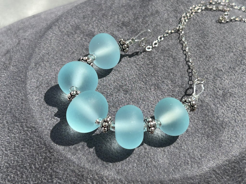 blue seaglass etched effect lampwork glass beaded necklace and earring set
